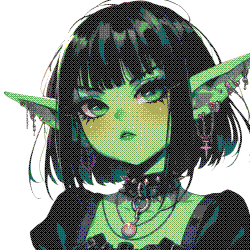An anime-style illustration of a girl with short black hair, bangs, green eyes, and pointy ears. Her skin is green. She is wearing a choker, necklaces and a black dress. She is a goblin.